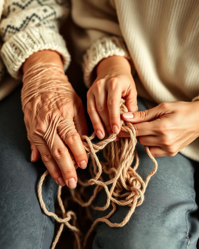 Mãos de avó e mãos jovens segurando fios de crochê