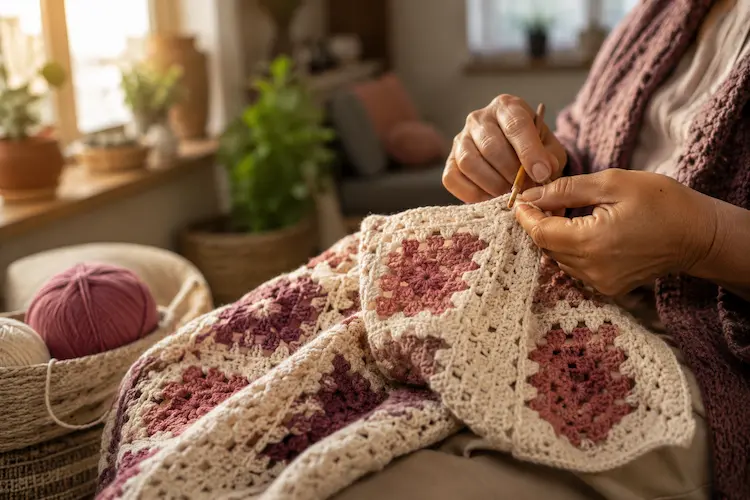 Mãos trabalhando uma peça de crochê em tons rosa e cru